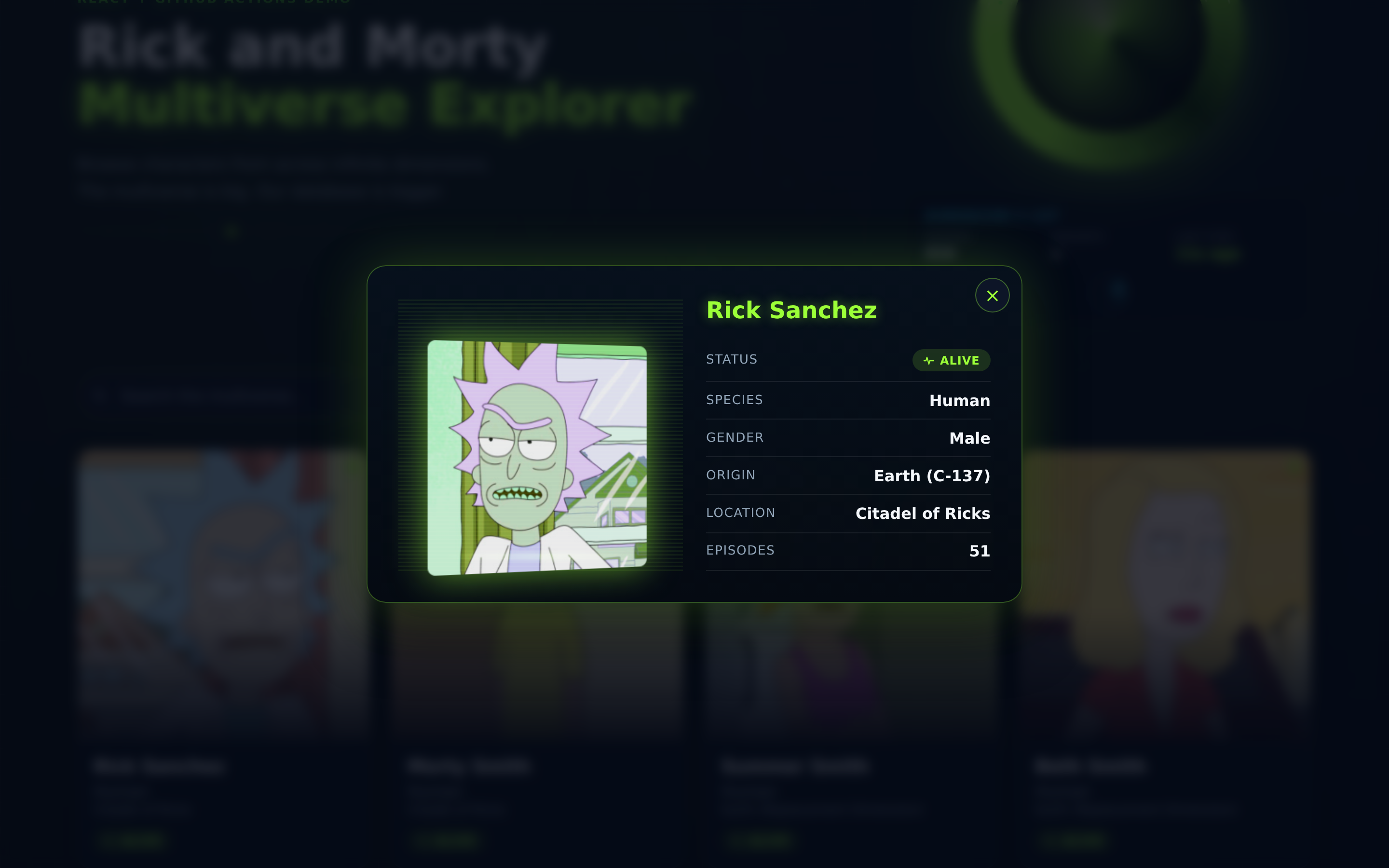 Character detail modal for Rick Sanchez showing status, species, gender, origin, location and episode count