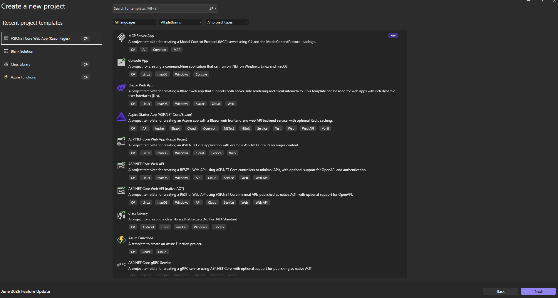 Visual Studio new project dialog showing the MCP Server App template