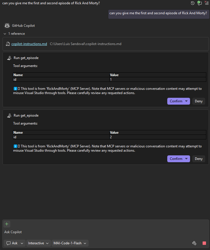 Copilot asking for confirmation before running get_episode with id 1 and id 2