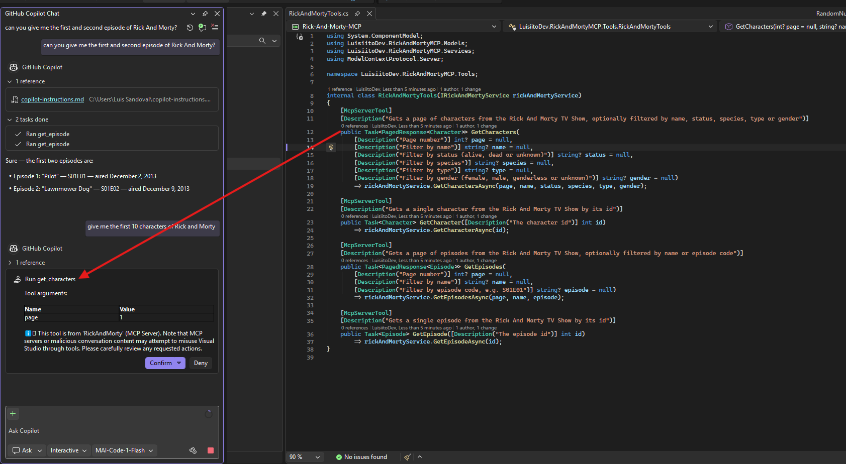 Copilot choosing the get_characters tool for a different question