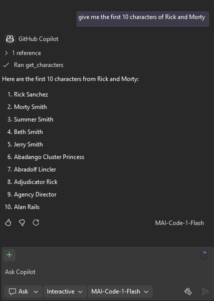 Copilot listing the first 10 Rick and Morty characters returned by the MCP server