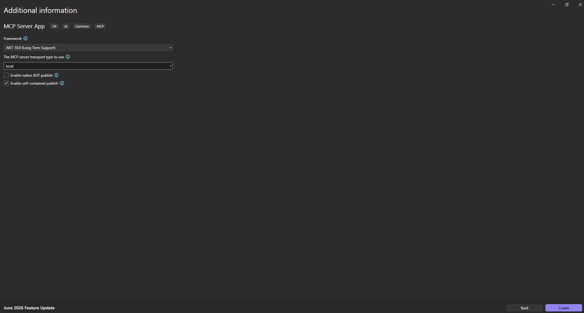 Additional information step with framework and transport type options