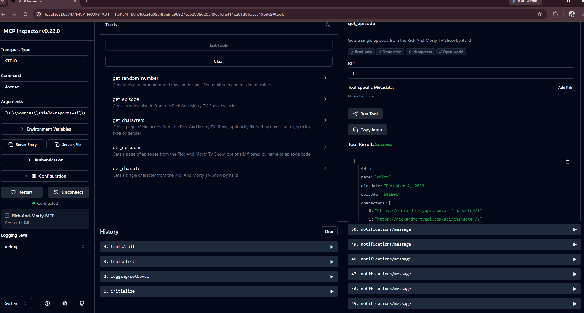 MCP Inspector connected, running get_episode with id 1 and getting the Pilot episode back