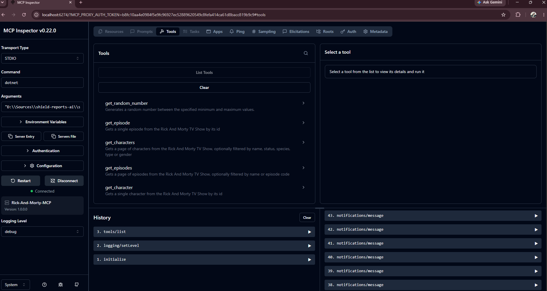 MCP Inspector Tools tab listing all the tools exposed by the server
