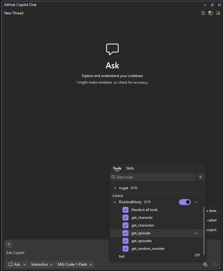 GitHub Copilot Chat tools panel showing the RickAndMorty MCP server with its 5 tools enabled