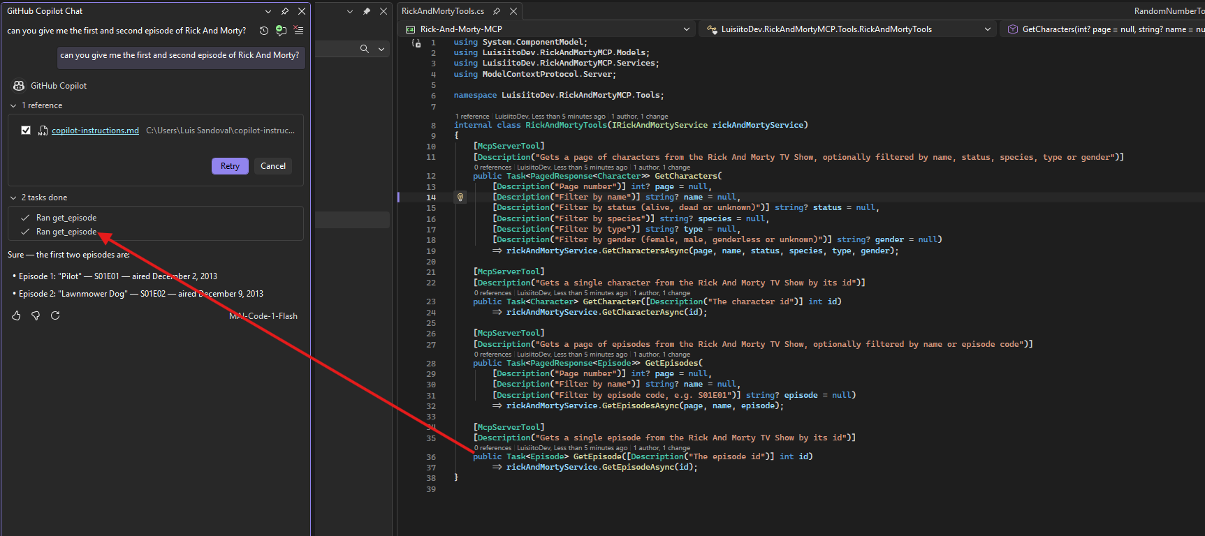 Copilot Chat answering the question by running get_episode twice, with an arrow pointing to the C# method